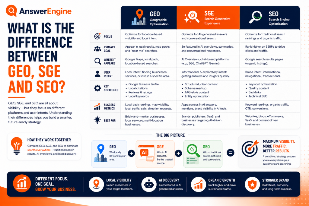 What is the difference between GEO, SGE, and SEO