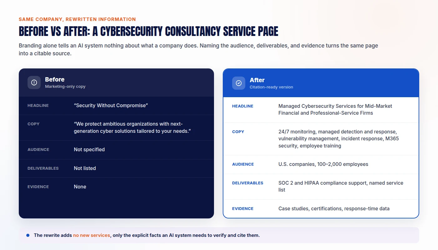 Before and after comparison of a cybersecurity consultancy service page, showing vague marketing-only copy replaced with a citation-ready version that names the audience, deliverables, and compliance frameworks