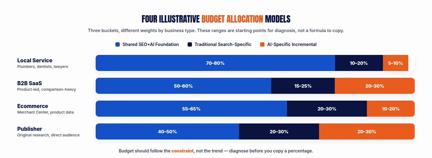 Three-bucket budget allocation diagram showing Shared Foundation, Traditional SEO, and AI-Specific buckets with illustrative percentage ranges across local service, B2B SaaS, ecommerce, and publisher business models